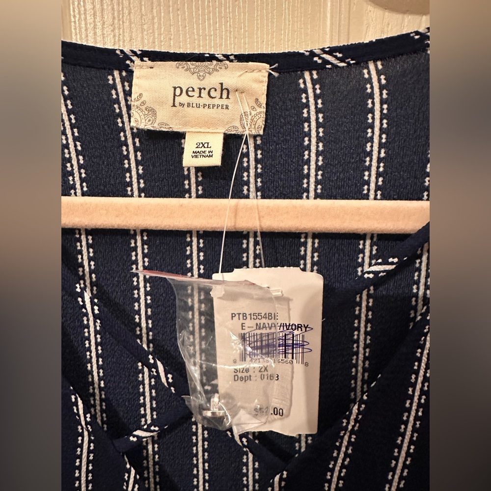 Plus size Chic Navy and White Striped Women's Blouse - Picture 5 of 5